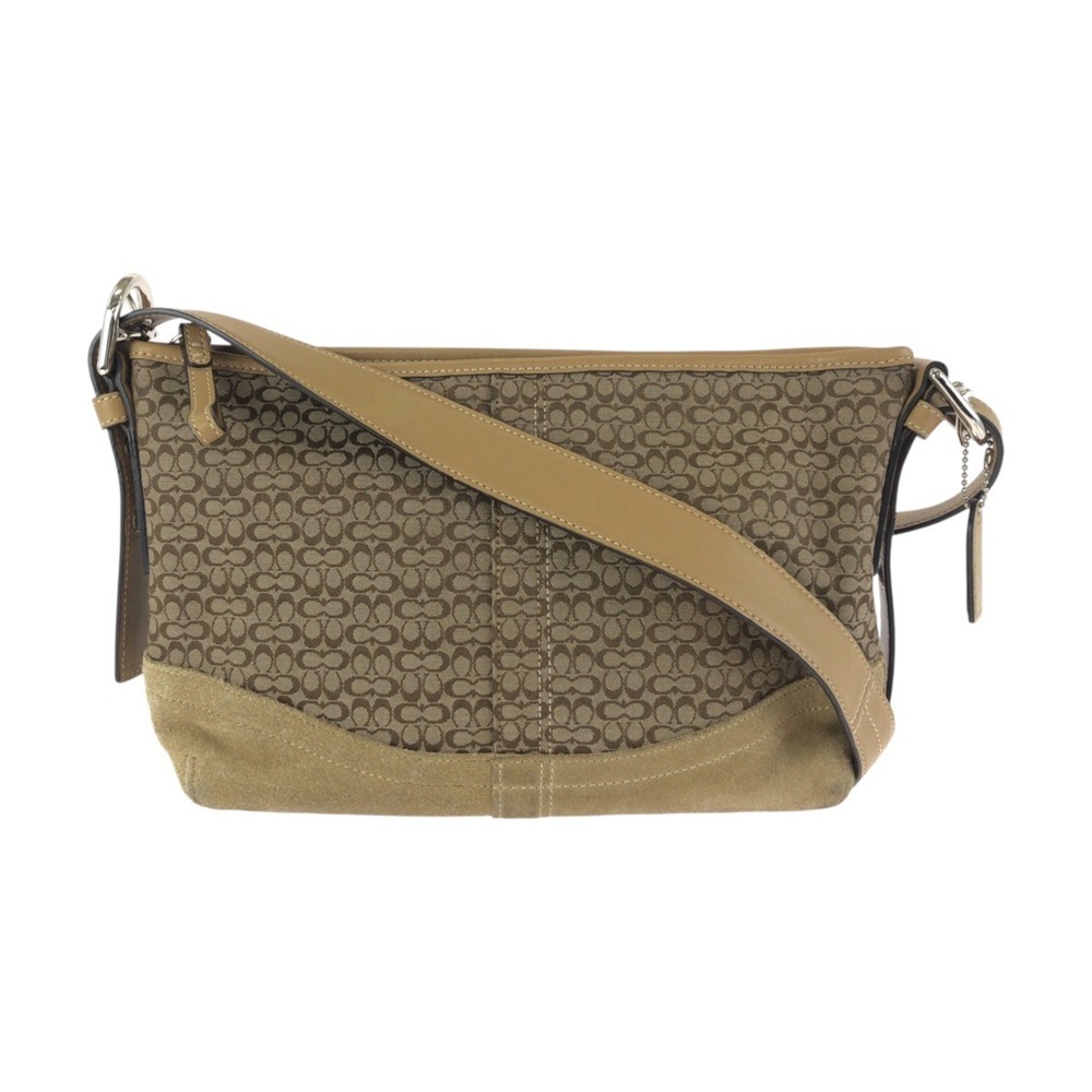 COACH Mini Signature Beige Brown Silver Hardware Canvas Leather Shoulder Bag ...